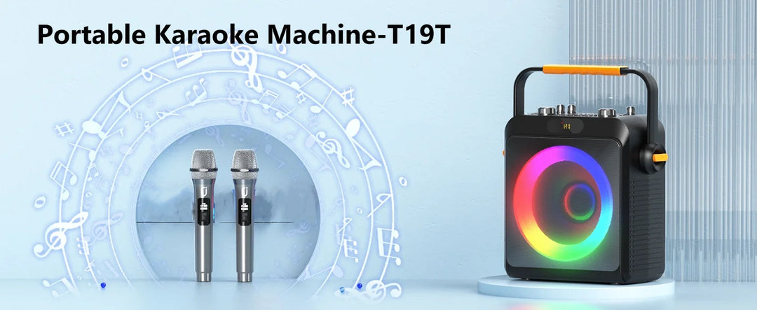 2 Wireless Microphones T19-T Karaoke Machine | Black Karaoke Speaker With Treble/Bass Adjustment, Wireless Speaker PA System