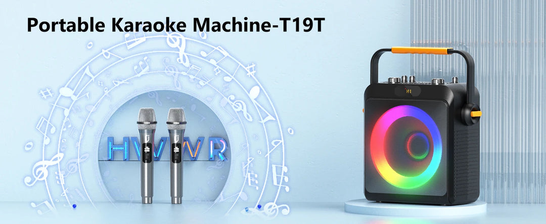 2 Wireless Microphones T19-T Karaoke Machine | Black Karaoke Speaker With Treble/Bass Adjustment, Wireless Speaker PA System
