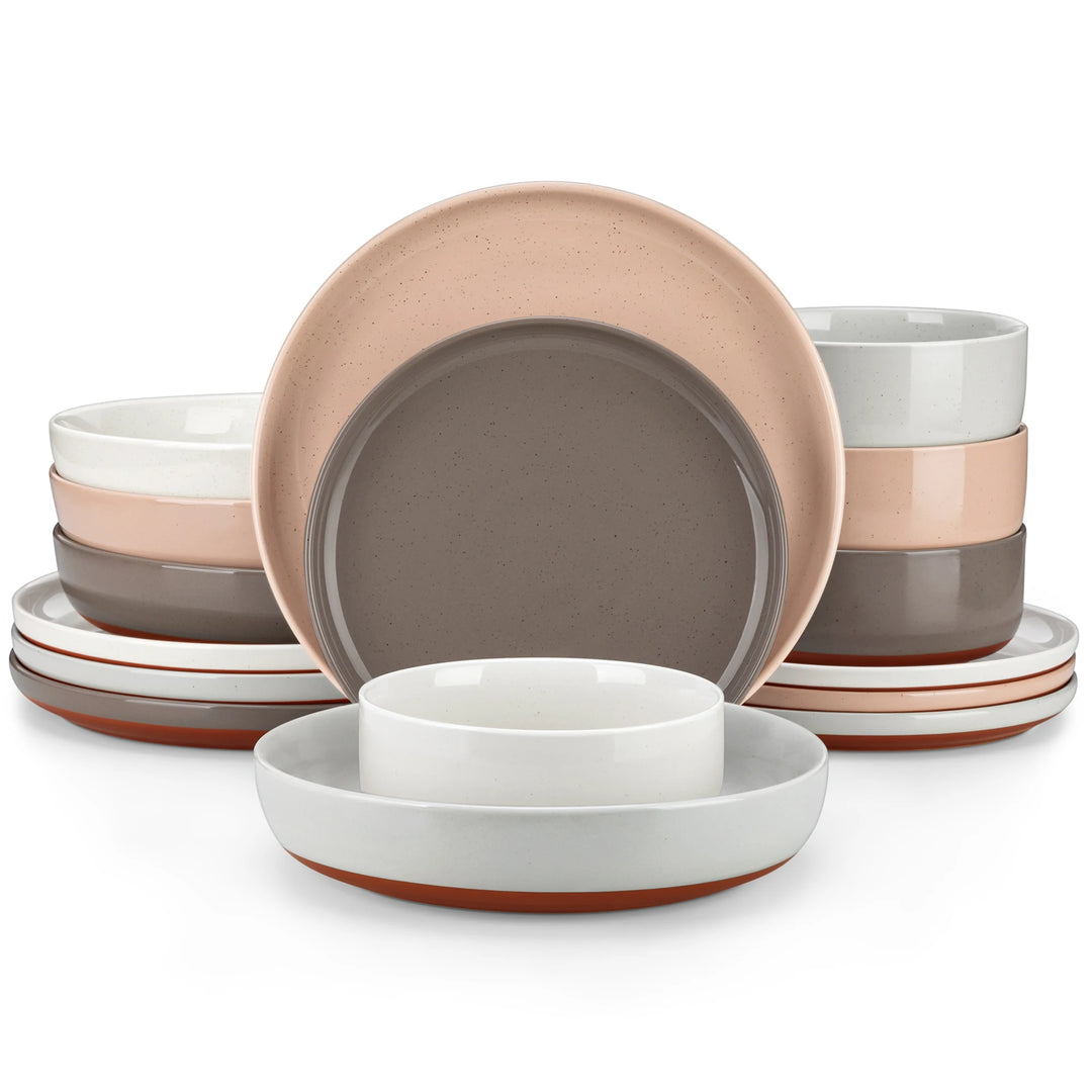 MALACASA TARA 16/32 Piece Stoneware Dinnerware Set Mix-Color Sesame Layered Glaze with 6PCS Dinner plate/Dessert plate/Soup/Bowl
