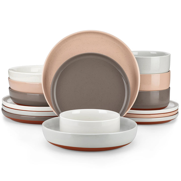 MALACASA TARA 16/32 Piece Stoneware Dinnerware Set Mix-Color Sesame Layered Glaze with 6PCS Dinner plate/Dessert plate/Soup/Bowl