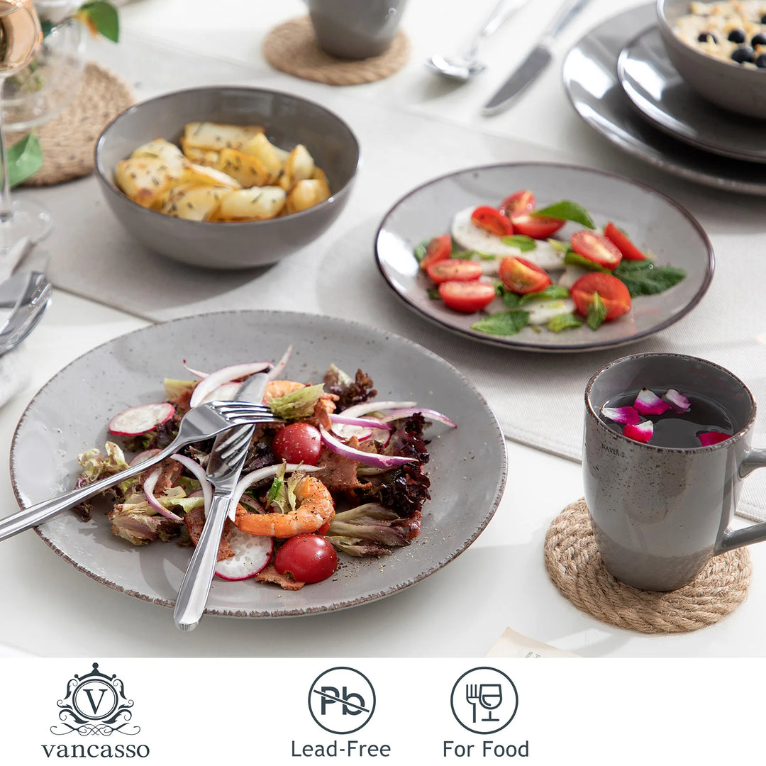 Vancasso Navia Grey 16/32/48-Piece Ceramic Stoneware Dinnerware Set with Dinner Plate,Dessert Plate,800ml Bowl,Mug Tableware Set