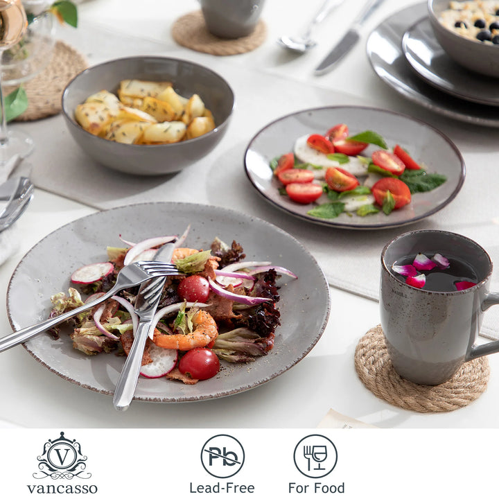 Vancasso Navia Grey 16/32/48-Piece Ceramic Stoneware Dinnerware Set with Dinner Plate,Dessert Plate,800ml Bowl,Mug Tableware Set