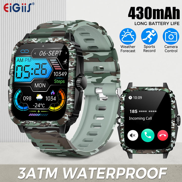 EIGIIS New Smart Watch 3ATM Waterproof Men 1.96" KT71 Fitness Tracker Heart Rate Bluetooth Call Camouflage Color Original Design