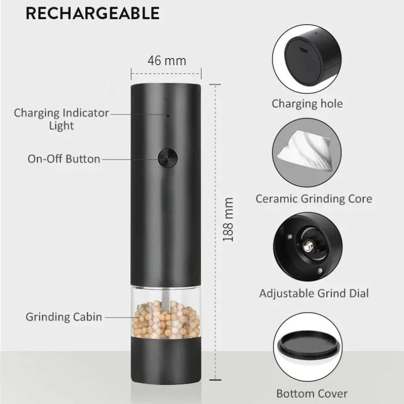 Electric Salt and Pepper Grinder Adjustable Coarseness Large Capacity Pepper Grinder Rechargeable Spices