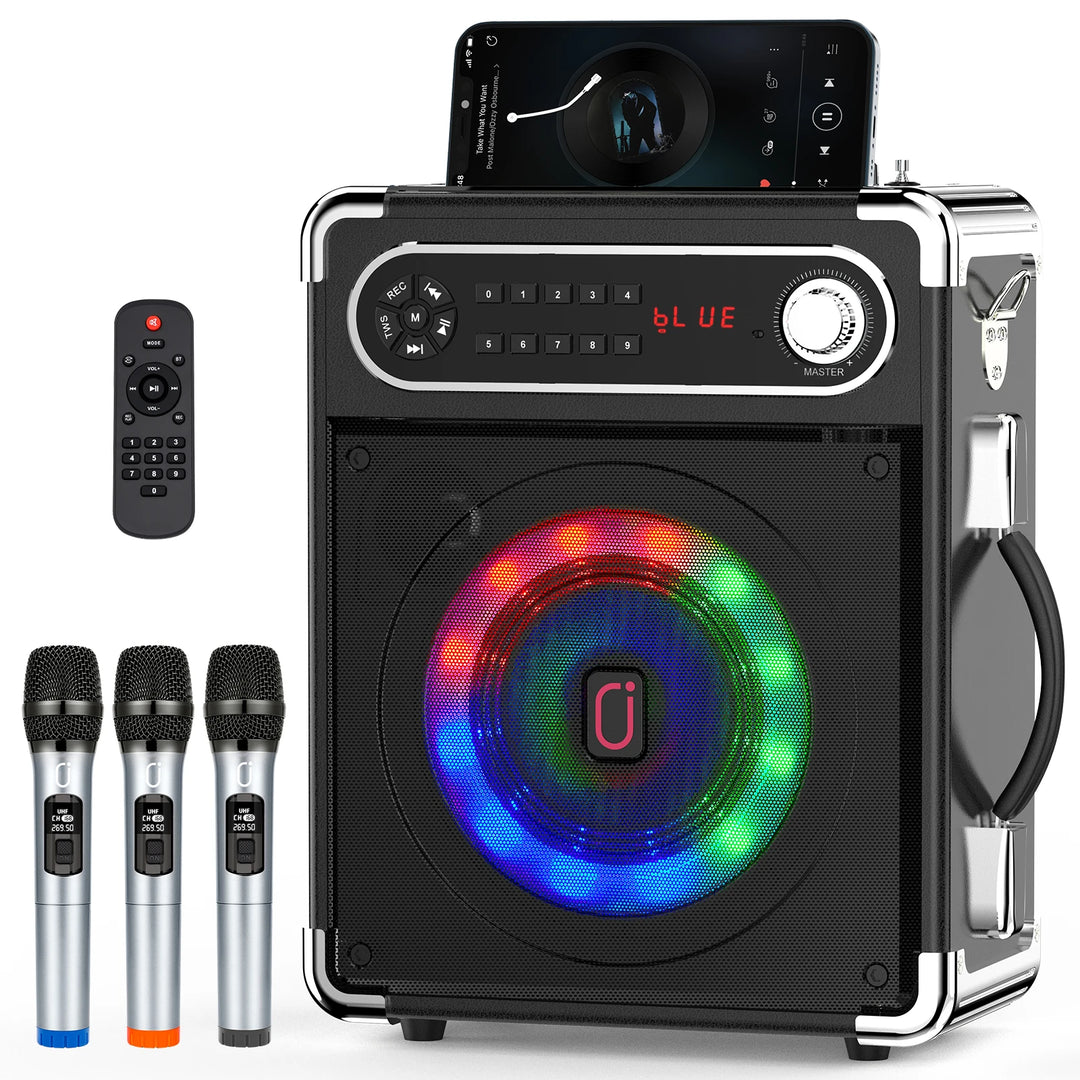 S55 Karaoke Machine with 2Wireless Microphones,Portable Bluetooth Speakers with Bass/Treble Adjustment,Pa System,Remote Control