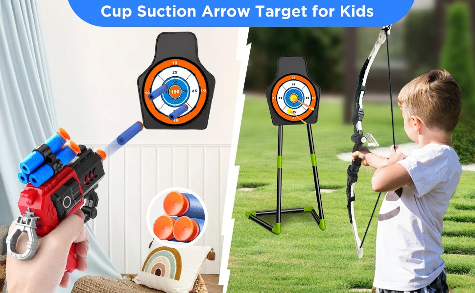 VATOS 2X Bow Arrow + Guns Toy For Kids LED Light Up Archery with Suction Cup Stand Target Dart Board Indoor Outdoor Game Toys