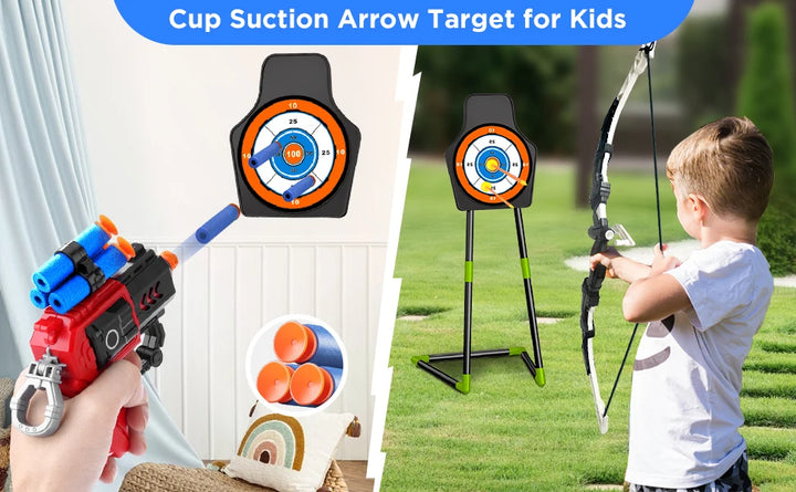 VATOS 2X Bow Arrow + Guns Toy For Kids LED Light Up Archery with Suction Cup Stand Target Dart Board Indoor Outdoor Game Toys