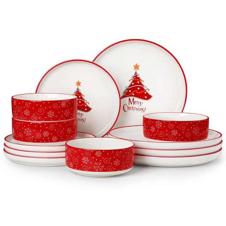 VEWEET 12/30 Piece Christmas Dinnerware Set Christmas Tree Ceramic Plate Set With 4/6pc Dinner Plate/Dessert/Soup/Bowl/Mug