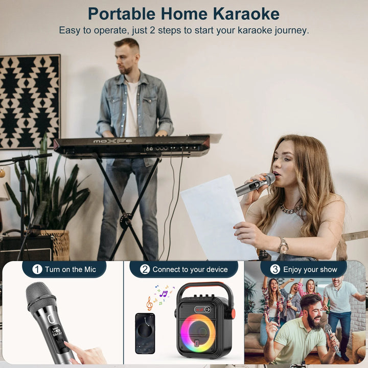 FanFun 66Pro 5200MAH Portable BT Speaker With 2 Wireless Microphones, Karaoke Speaker For Adults, Karaoke Machine With DJ Light