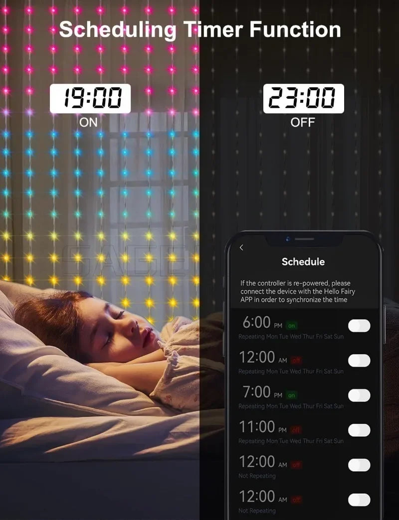 400LEDs Smart LED Curtain Lights USB Dynamic Pattern DIY Curtain String Light with App Remote for Christmas Halloween 2*2m/3*3m