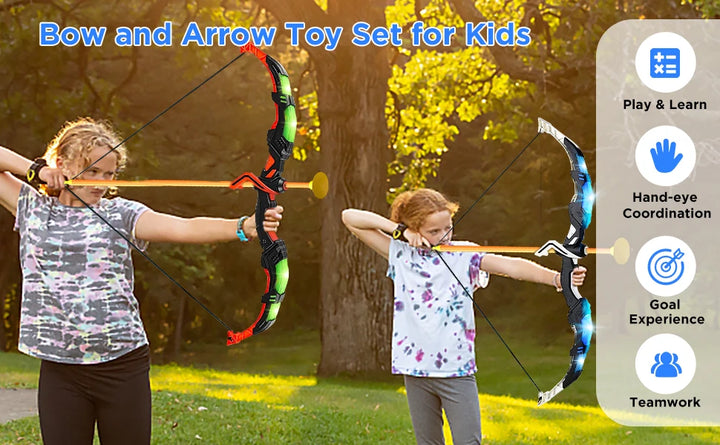 VATOS 2X Bow Arrow + Guns Toy For Kids LED Light Up Archery with Suction Cup Stand Target Dart Board Indoor Outdoor Game Toys