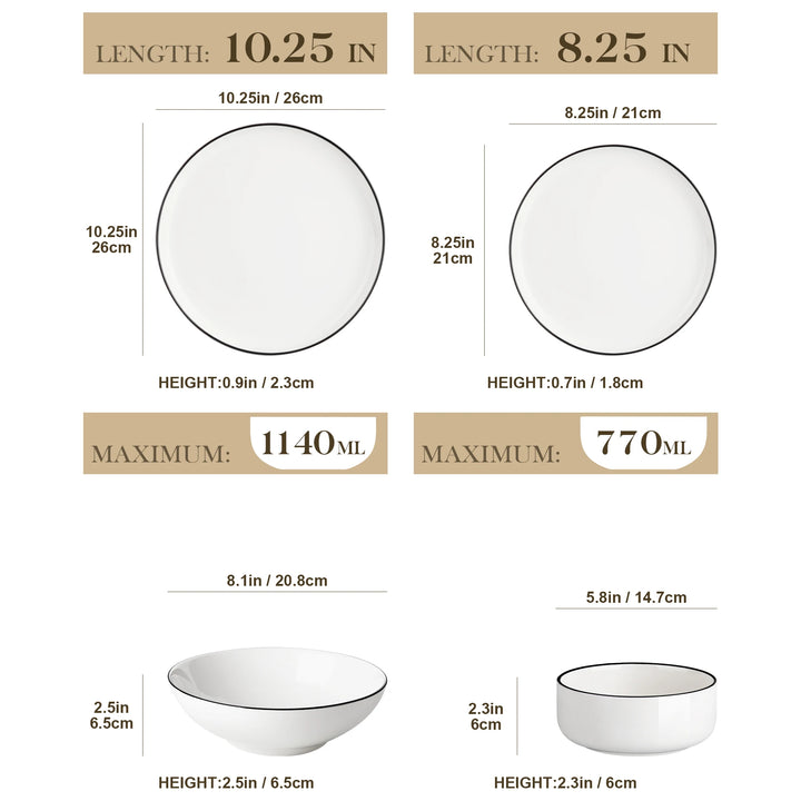 MALACASA 16/32 Piece White and black Rim Porcelain Dinnerware Set Curved Edge with 4 pcs dinner plate/Dessert Plate/Soup/Bowl