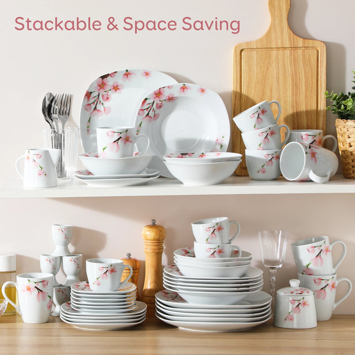 VEWEET ANNIE 50/100-Piece Porcelain Dinner Set with Egg Cup,Cup&Saucer,Mug,Dessert&Soup&Dinner Plate,Bowl,Milk Jug,Sugar Pot Set