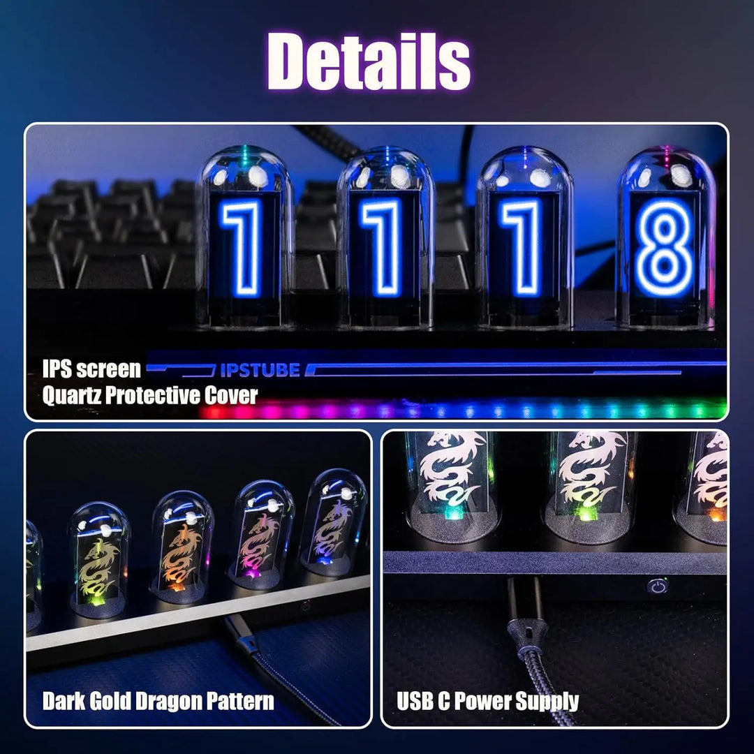 Night Light DIY Nixie Tube Clock Kit Simulation, Digital Clock APP Time Calibration, 3 Light Mode, 12/24h Display IPS