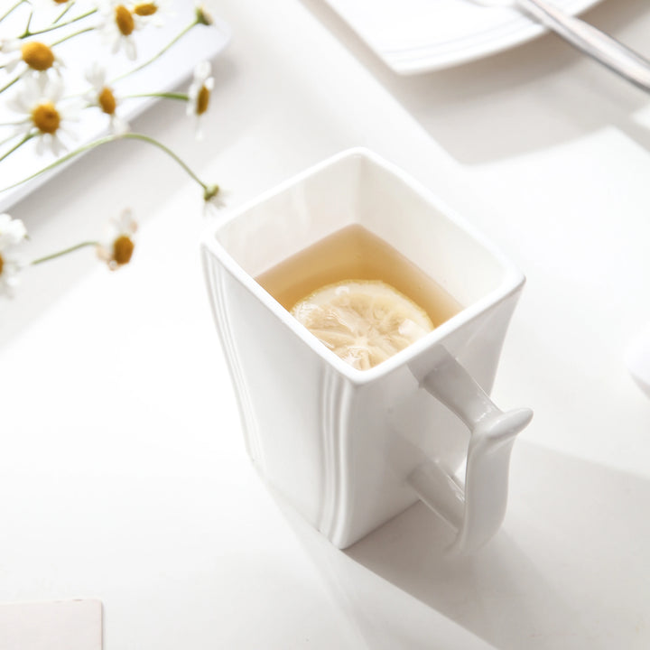 MALACASA, Series Flora, 6-Piece 11.5 OZ Ivory White Porcelain Cups 4.5" China Ceramic Cream White Square Mugs