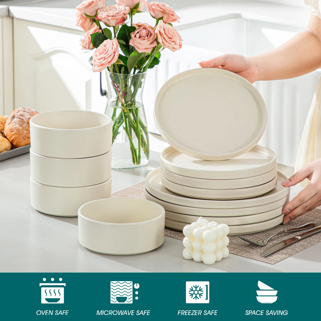 VANCASSO VENUS Serie 12/24/36 Piece CREAM WHITE Stoneware Tableware Set with Dinner/Dessert Plate/Bowl For 4/8/12 People
