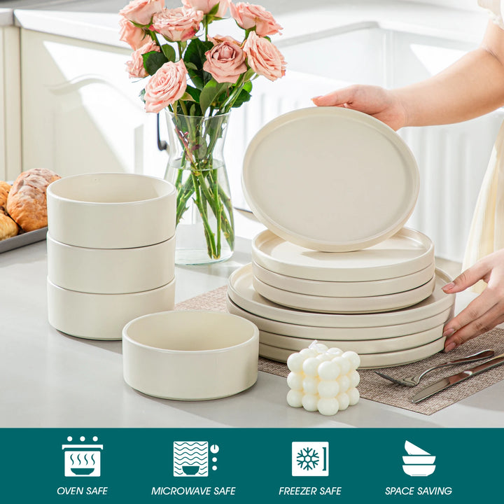 VANCASSO VENUS Serie 12/24/36 Piece CREAM WHITE Stoneware Tableware Set with Dinner/Dessert Plate/Bowl For 4/8/12 People