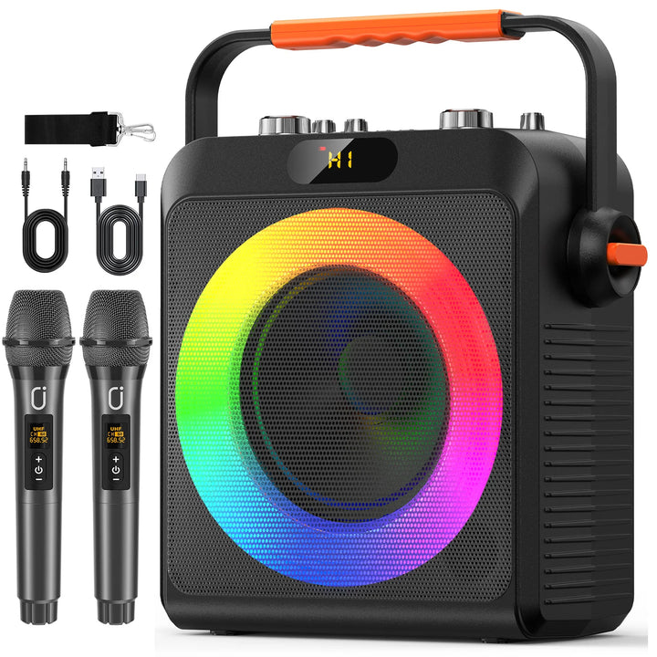 2 Wireless Microphones T19-T Karaoke Machine | Black Karaoke Speaker With Treble/Bass Adjustment, Wireless Speaker PA System