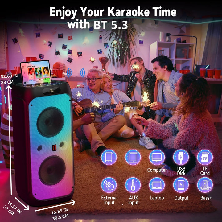 FanFun Karaoke Machine,33" Big Bluetooth Party Speaker with 500W Peak Power,Wireless DJ PA Speaker with Subwoofers, Disco Lights