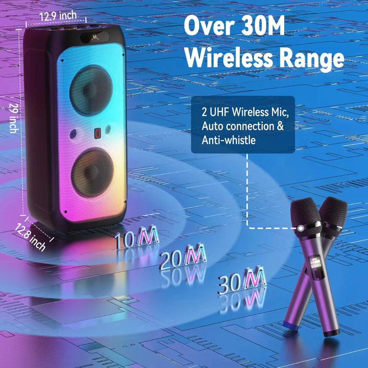 FanFun Karaoke Machine,33" Big Bluetooth Party Speaker with 500W Peak Power,Wireless DJ PA Speaker with Subwoofers, Disco Lights