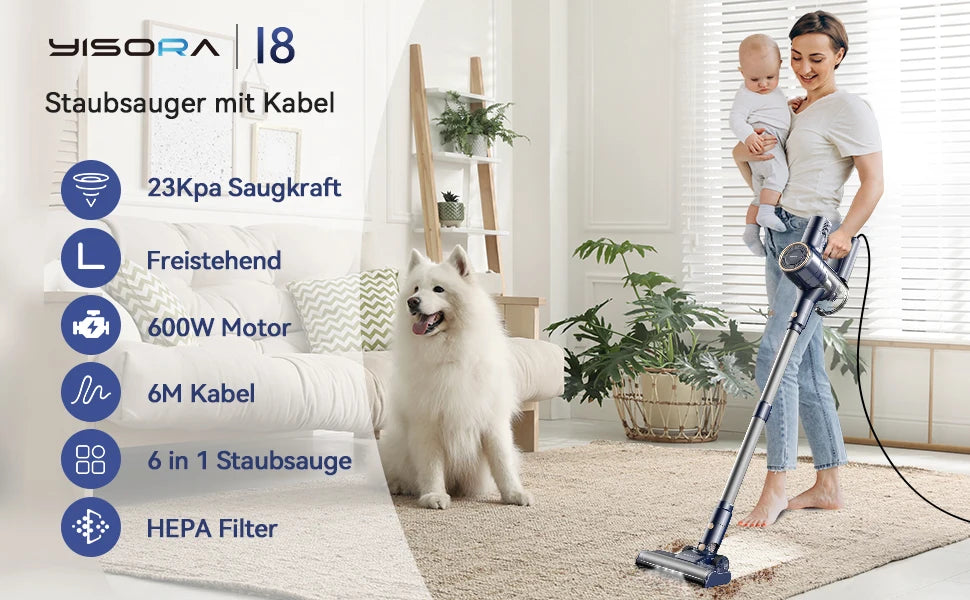 I8 Corded Vacuum Cleaner, 23000Pa 6M Long Cord Stick Vacuum for Floor, Carpet, Pet Hair