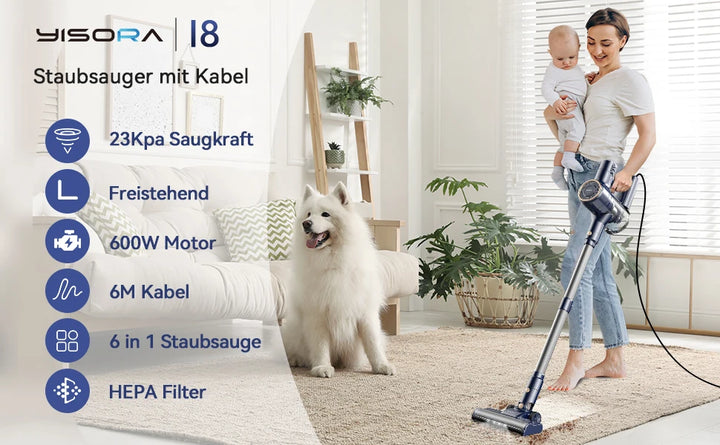 I8 Corded Vacuum Cleaner, 23000Pa 6M Long Cord Stick Vacuum for Floor, Carpet, Pet Hair