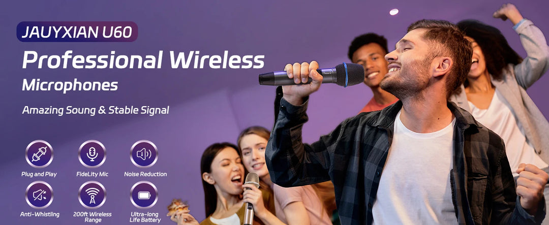 FanFun Dual Wireless Microphone, Professional UHF Dynamic Microphone for Singing, Speech, Karaoke Microphone for KTV