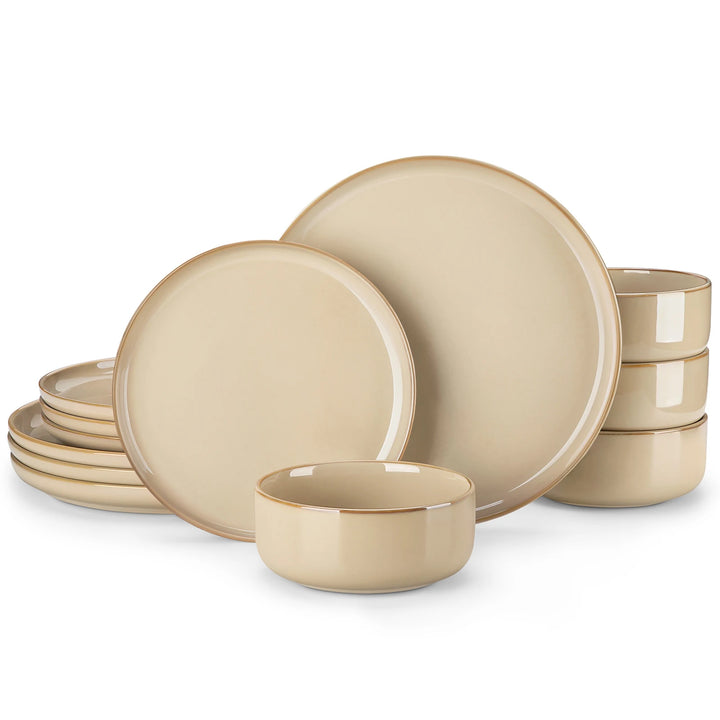 vancasso 12/16/18/24 Piece Light-Brow Reactive Glaze Stoneware Plates Set Dinnerware Sets with 4/6 pcs Dinner Plate/Dessert/Bowl