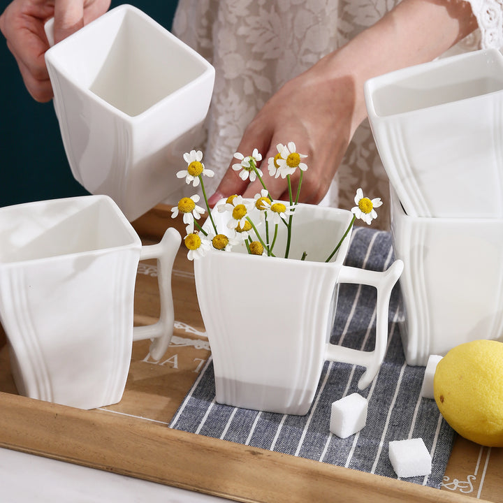 MALACASA, Series Flora, 6-Piece 11.5 OZ Ivory White Porcelain Cups 4.5" China Ceramic Cream White Square Mugs