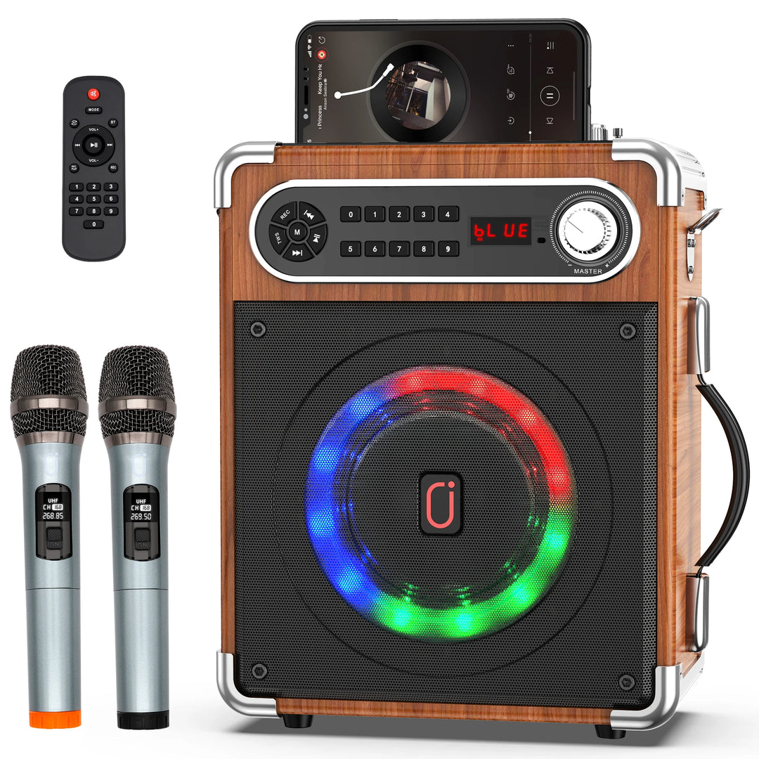 Karaoke Machine with 2 Wireless Microphones,Portable Bluetooth Speaker with Bass/Treble Adjustment,PA System with Remote Control