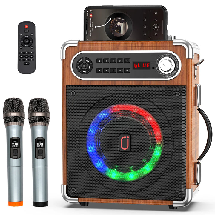 Karaoke Machine with 2 Wireless Microphones,Portable Bluetooth Speaker with Bass/Treble Adjustment,PA System with Remote Control