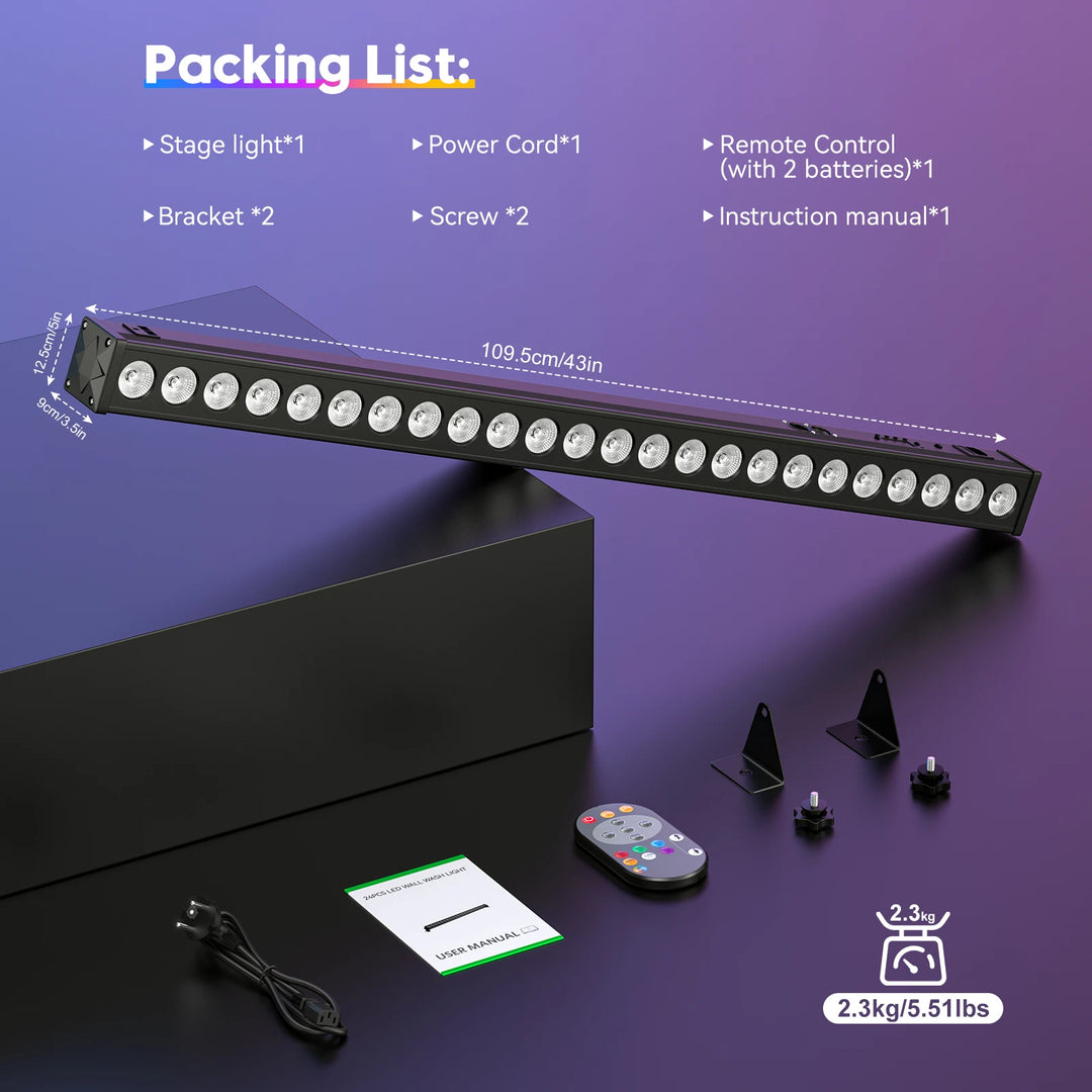 U'King 2Pcs 60W RGB 24LED Wall Wash Light Bar With Remote Controller DMX Stage Light Bar For Wedding Church Music Dance DJ Party