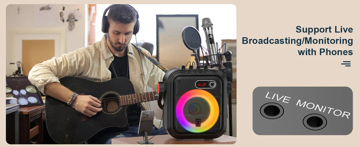 FanFun Bluetooth Speaker, Portable Wireless Speaker with FM Radio, Karaoke Machine with 2 Microphone, Home Karaoke System