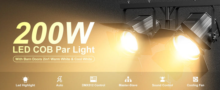 U'King 1/2Pcs 200W LED COB Par Lights With Barndoor Warm&Cold White Linear Spotlights DMX Stage Lights For Stage Party Concert