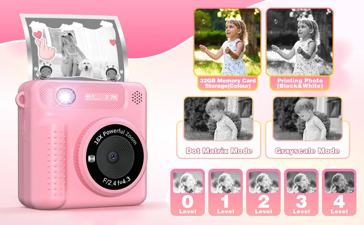 Kids Camera Instant Print 12MP 1080P Digital Camera Toddler HD Video Camera Print Photo Portable Toy Age 3+ Girl Christmas Gift