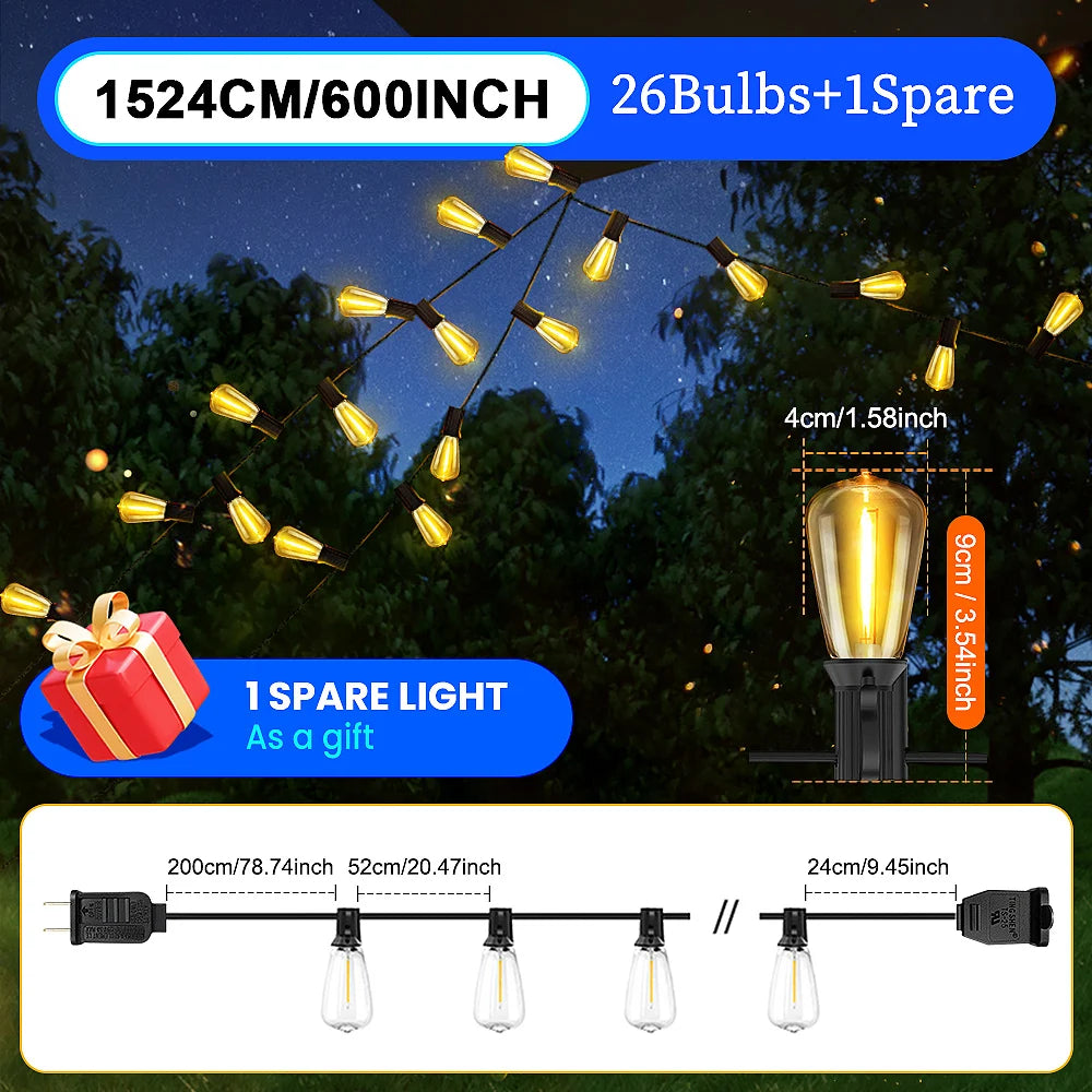 ST38 LED Outdoor Patio String Lights With US Plug, Shatterproof Bulb, Waterproof Hanging Lamp Connectable for Porch, Backyard