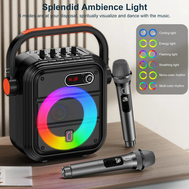 FanFun Bluetooth Speaker, Portable Wireless Speaker with FM Radio, Karaoke Machine with 2 Microphone, Home Karaoke System