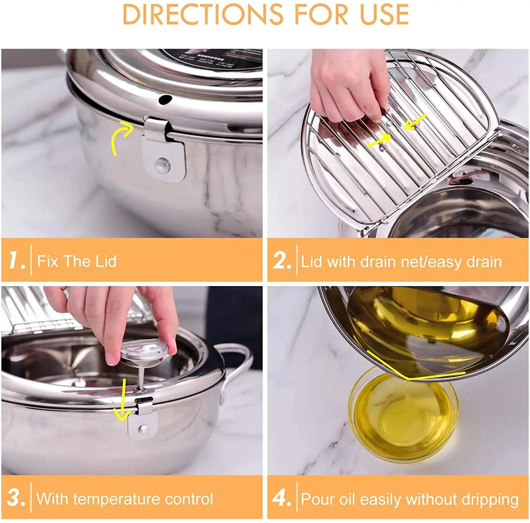 304 Stainless Steel Deep Fryer Pan with Thermometer Kitchen Tempura Deep Fryer Pot for Chicken French Fries Fish Shrimp