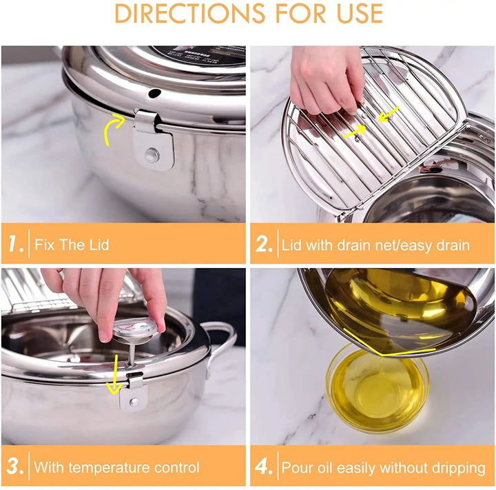 304 Stainless Steel Deep Fryer Pan with Thermometer Kitchen Tempura Deep Fryer Pot for Chicken French Fries Fish Shrimp