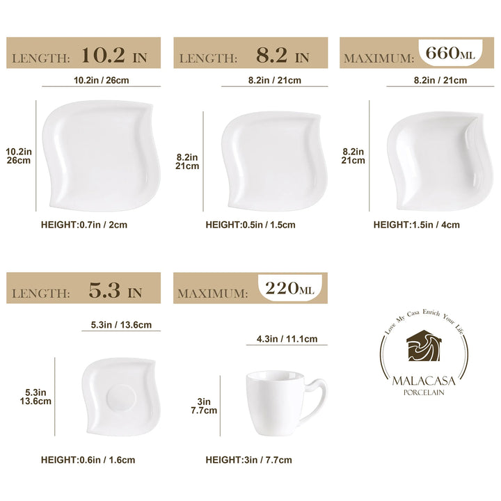 MALACASA 30/60 Piece White Porcelain Dinner Set with Cups Saucers Dessert Soup Dinner Plates Tableware Service for 6/12