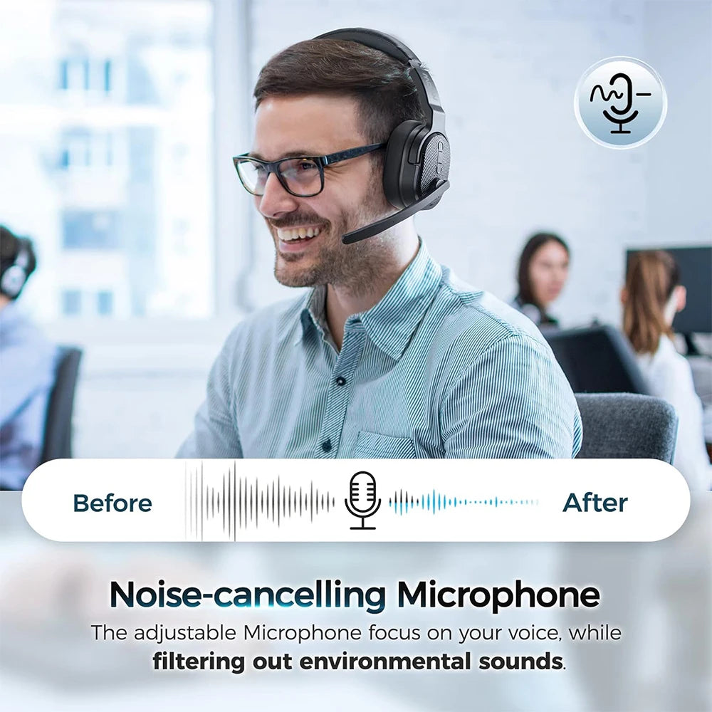 Mpow E65 2 in 1 Wireless Headphones Bluetooth 5.3 Dual/Single Office Headset with Microphone&Mute Switch 35H for Trucker Driver