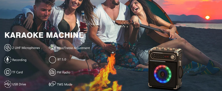 S55 Karaoke Machine with 2Wireless Microphones,Portable Bluetooth Speakers with Bass/Treble Adjustment,Pa System,Remote Control