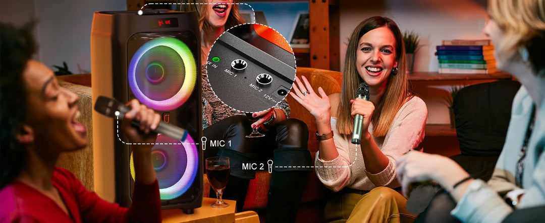 Karaoke Machine with 2 Wireless Microphones, Portable Bluetooth Speaker for Adults & Kids, Big Party PA System with Disco Lights