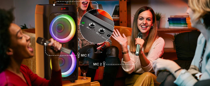 Karaoke Machine with 2 Wireless Microphones, Portable Bluetooth Speaker for Adults & Kids, Big Party PA System with Disco Lights