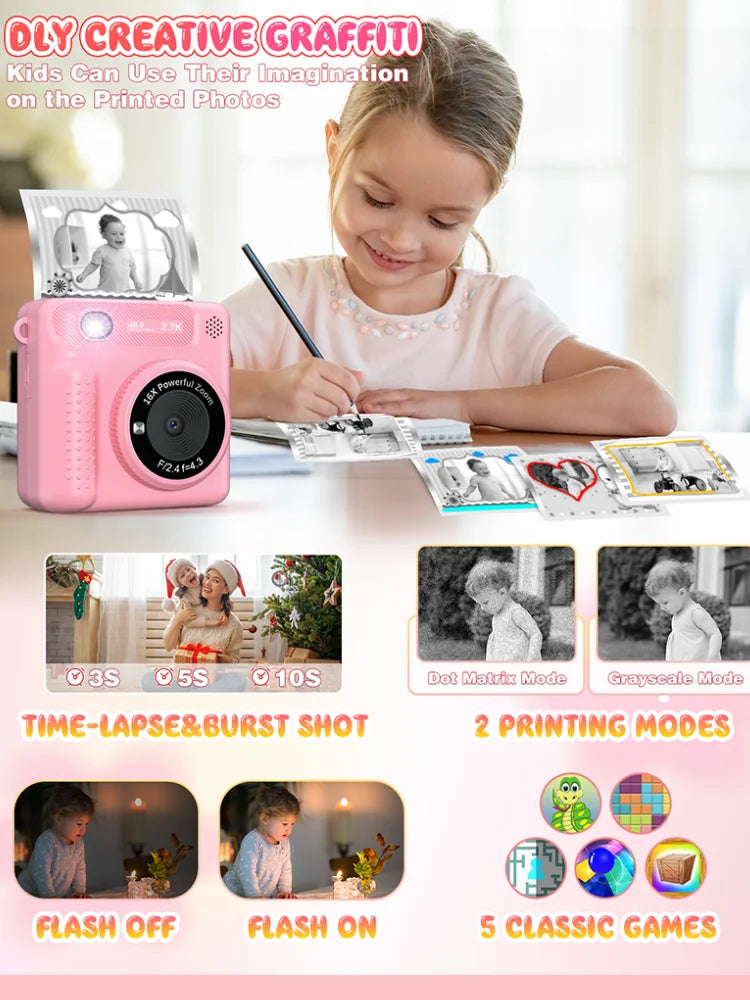 Kids Camera Instant Print 12MP 1080P Digital Camera Toddler HD Video Camera Print Photo Portable Toy Age 3+ Girl Christmas Gift