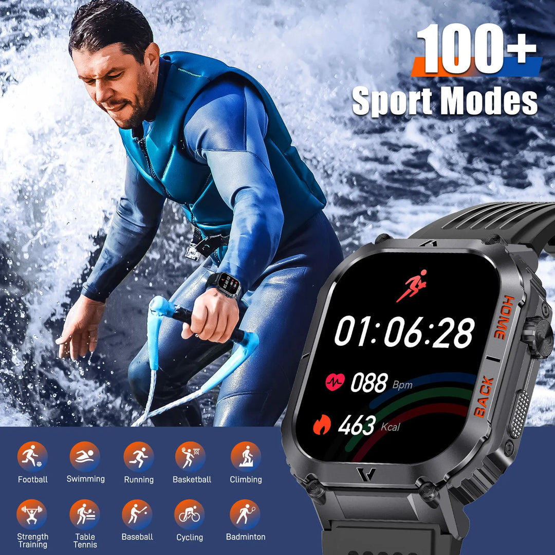 EIGIIS New 5ATM Waterproof Men Military Watch Heart Rate Blood Pressure Blood Oxygen 2.02'' TFT HD With Compass 100+ Sports Mode