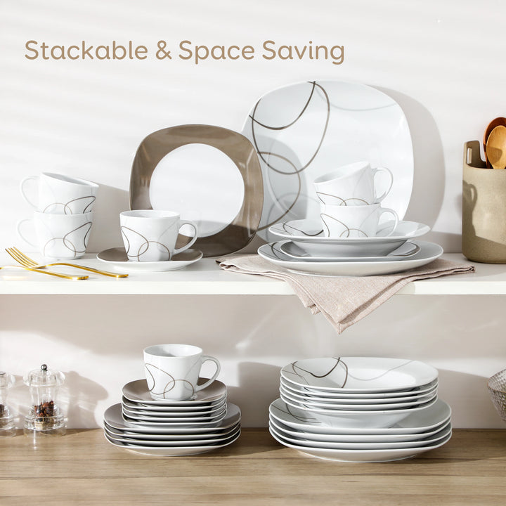 VEWEET 30-Piece Porcelain Ceramic Kitchen Dinner Plate Set with 6pcs Dessert Plates/Soup Plates/Dinner Plates/Cups/Saucers