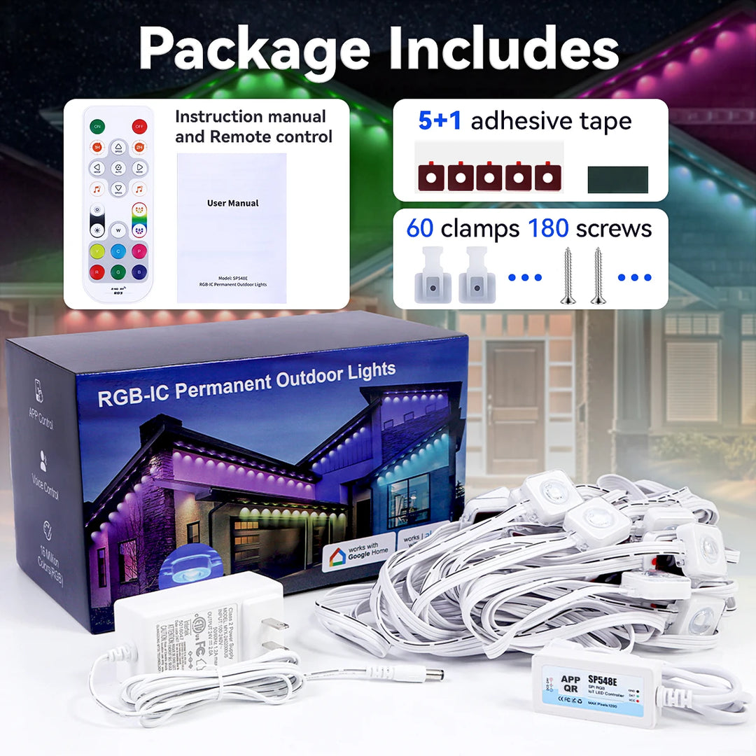 100ft 60-Light Smart RGB LED Eaves Lighting LED light strip - 75 Color Modes, Remote & App Control, Waterproof Outdoor