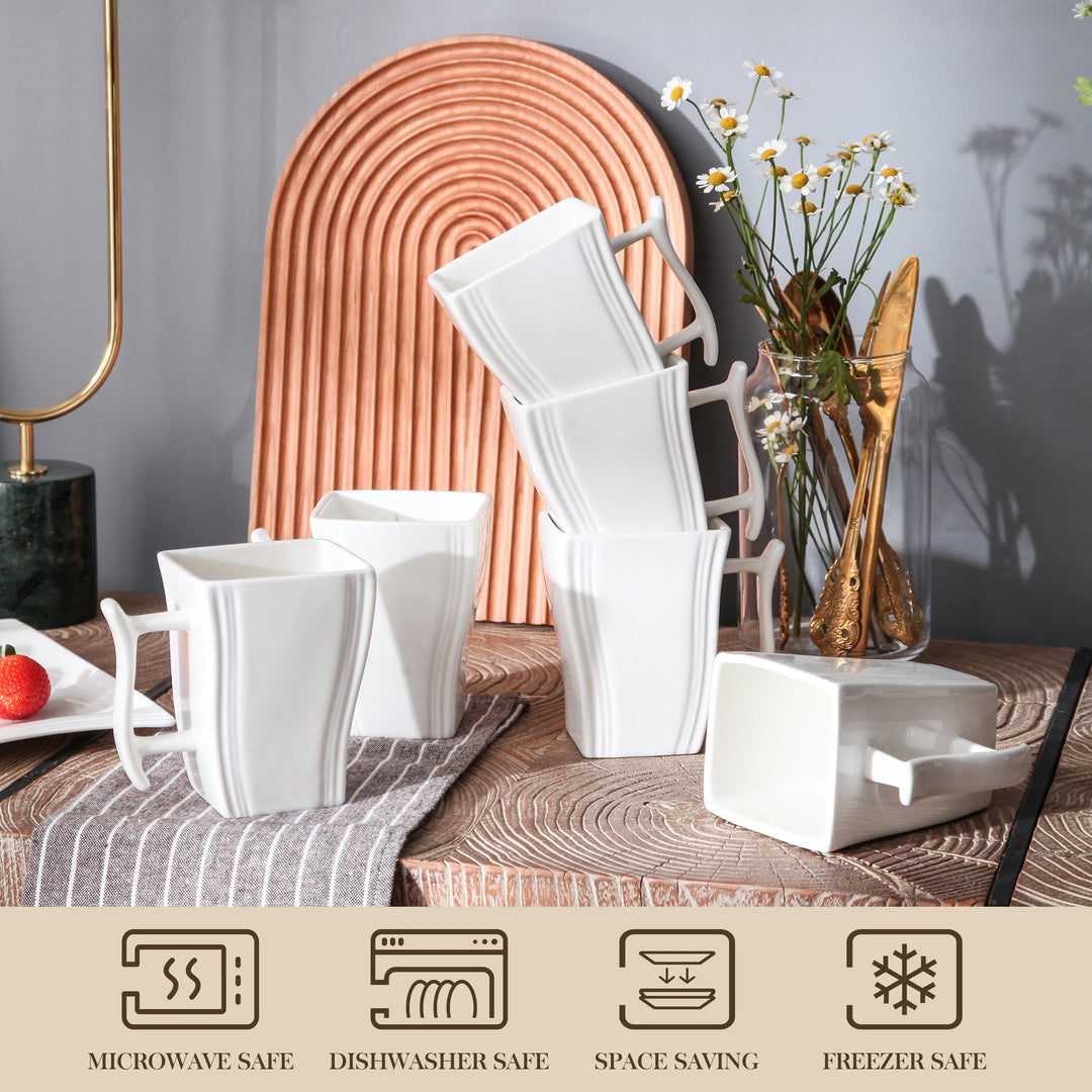 MALACASA, Series Flora, 6-Piece 11.5 OZ Ivory White Porcelain Cups 4.5" China Ceramic Cream White Square Mugs