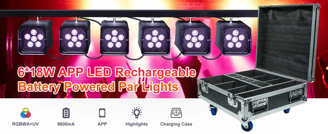 U'King 6Pcs 6X18W LED RGBWA+UV Rechargeable Battery Par Lights With Rechargeable Flightcase Set For DJ Disco Wedding Party Bar